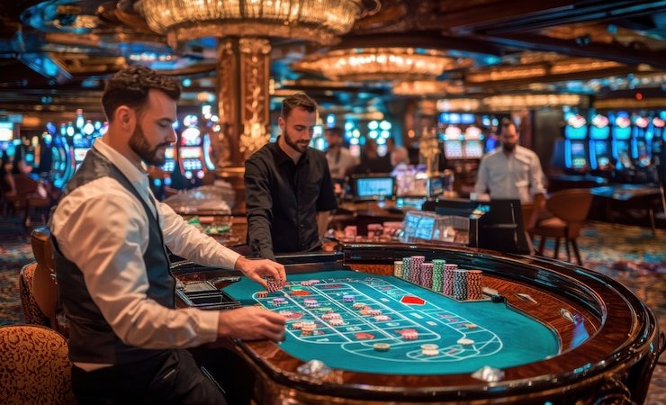 Meja Roulette live dengan dealer dan roda yang berputar
